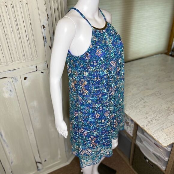 As U Wish Blue Green Geometric Halter Neck Metal Detail Shift Dress Size Small - Picture 7 of 15